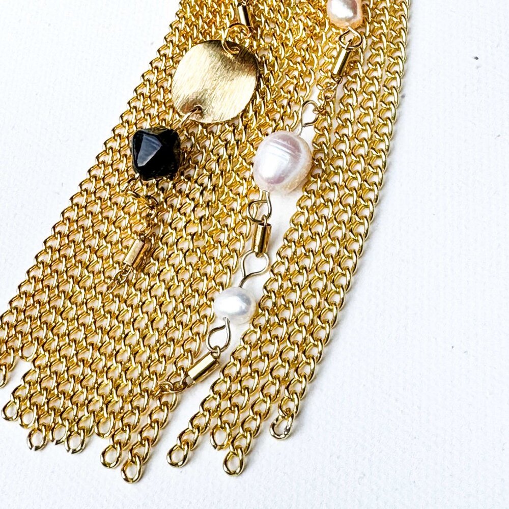 Handmade Gold Chain and Pearl Dangle Brooch Pin - Picture 4 of 7
